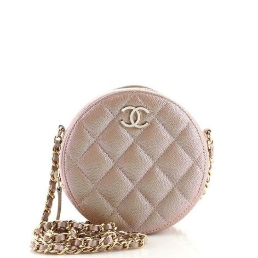 Rare Chanel Round Bag on a Chain in Quilted Iridescent Caviar Mini Metallic